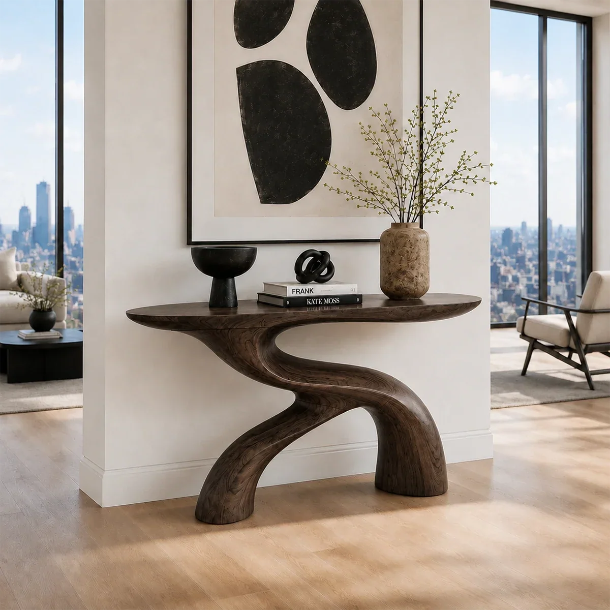 Sculptural Natural Solid Wood Console Table With Flowing Curved Base Design - Arboriswood - 7
