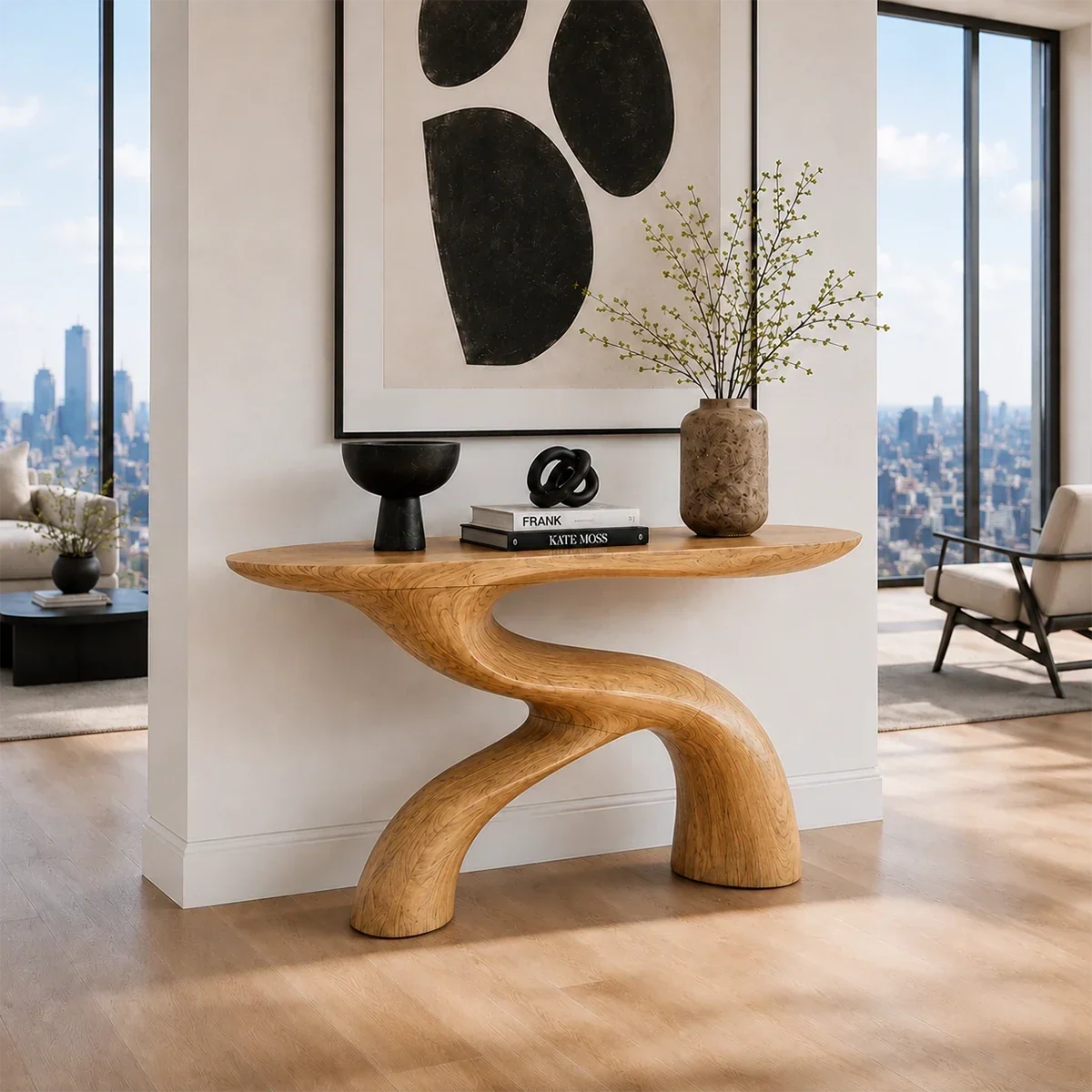 Sculptural Natural Solid Wood Console Table With Flowing Curved Base Design - Arboriswood - 8