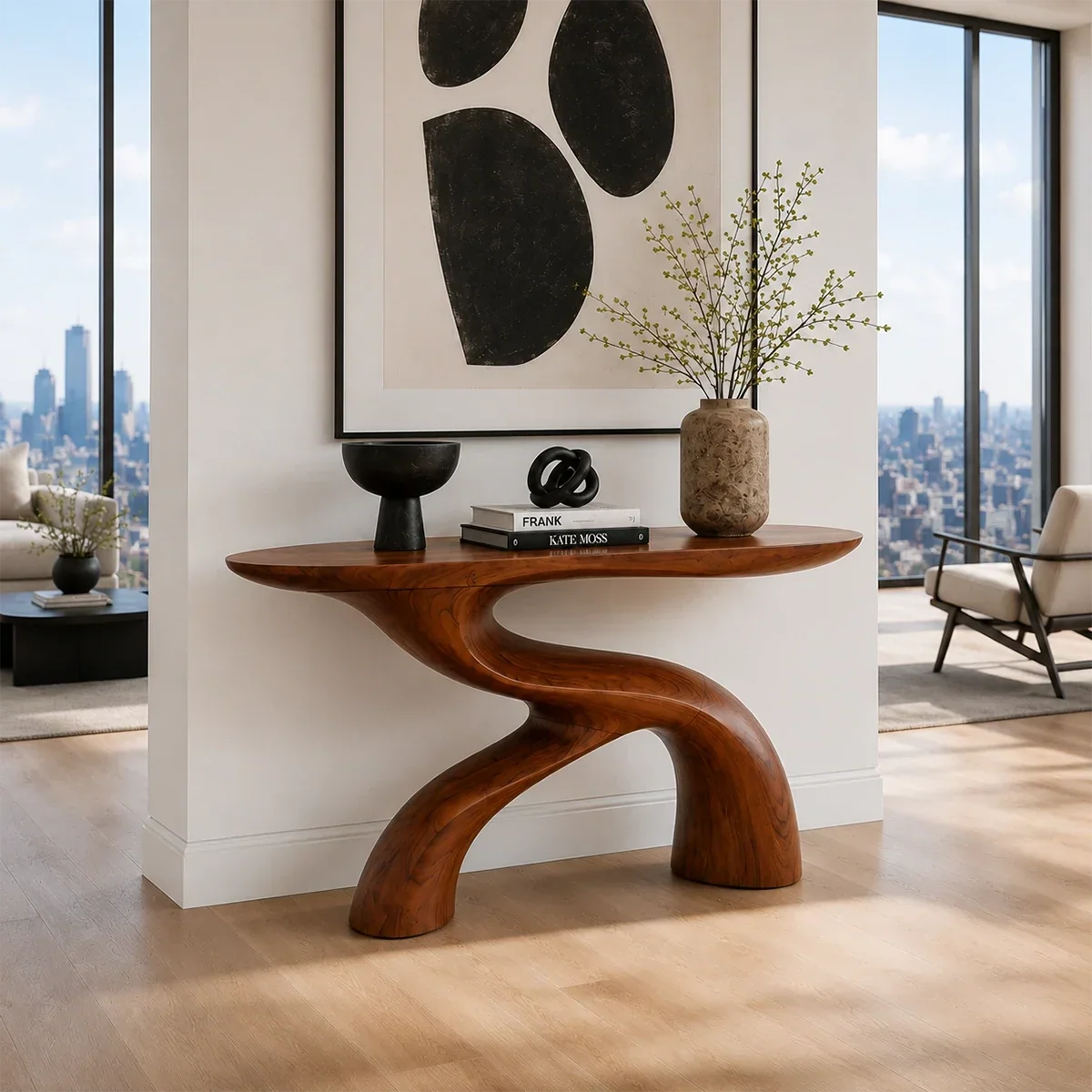 Sculptural Natural Solid Wood Console Table With Flowing Curved Base Design - Arboriswood