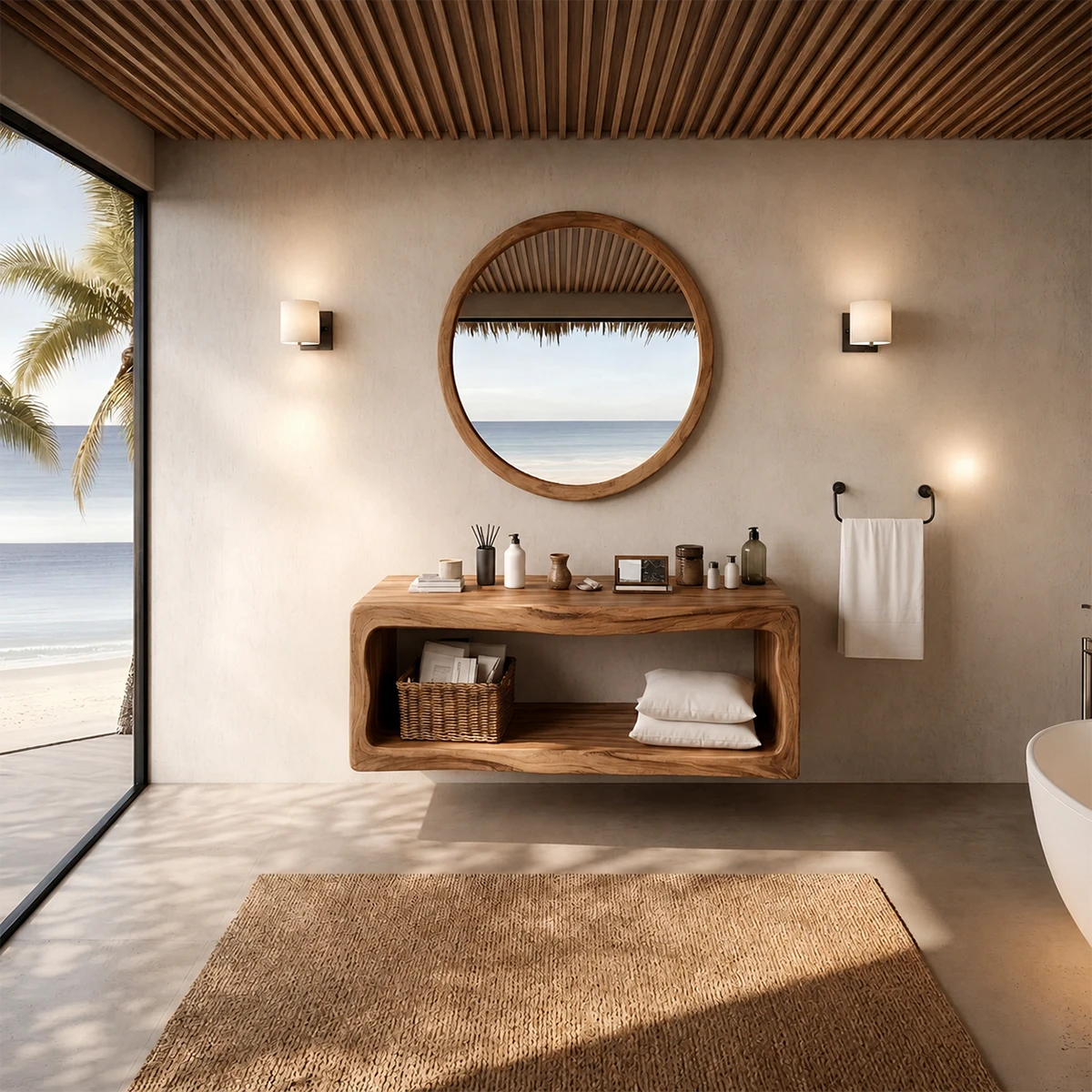 Sculptural Natural Solid Wood Floating Bathroom Vanity With Open Storage Shelf - ArborisWood - 13