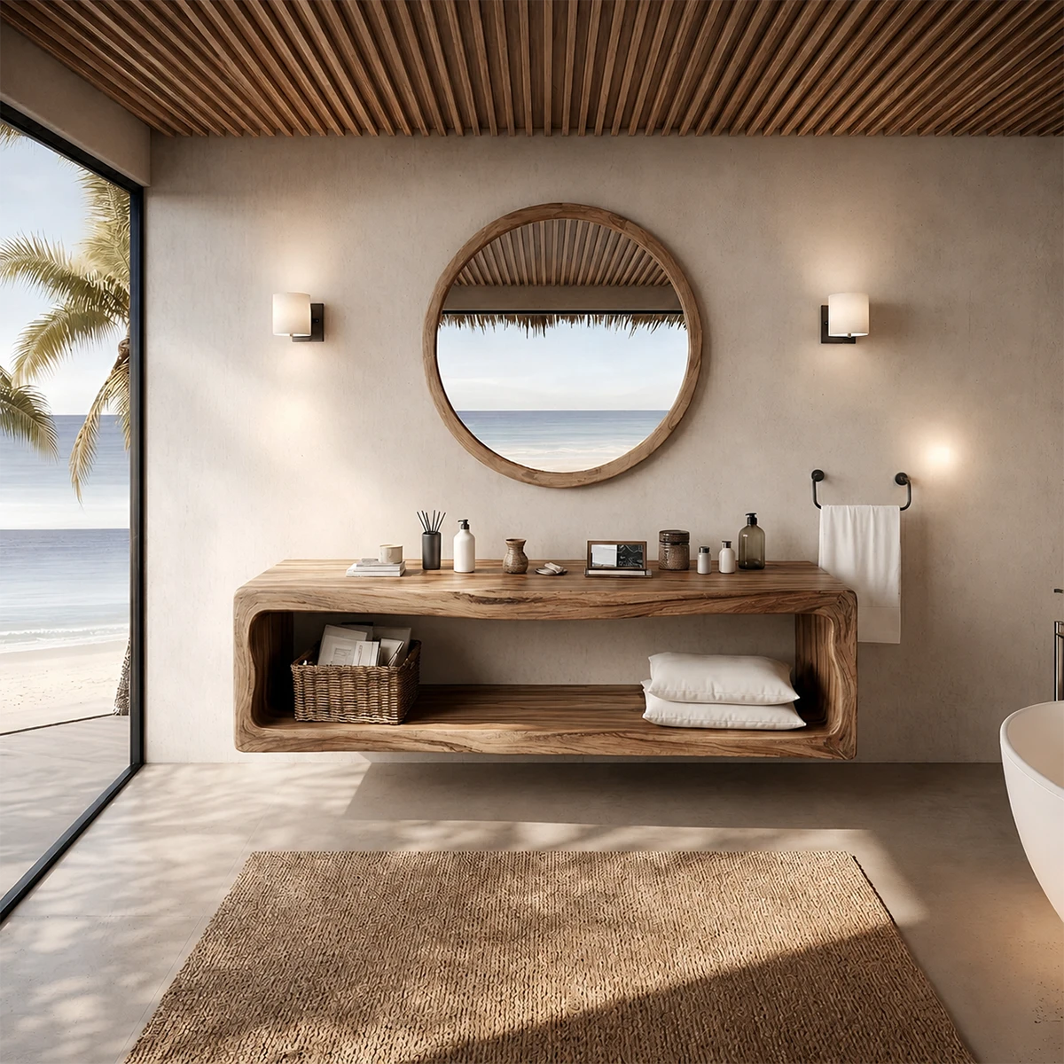 Sculptural Natural Solid Wood Floating Bathroom Vanity With Open Storage Shelf - ArborisWood - 15
