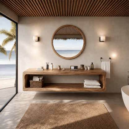 Sculptural Natural Solid Wood Floating Bathroom Vanity With Open Storage Shelf - ArborisWood - 16