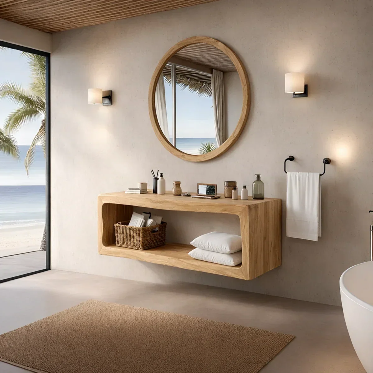 Sculptural Natural Solid Wood Floating Bathroom Vanity With Open Storage Shelf - Arboriswood - 9
