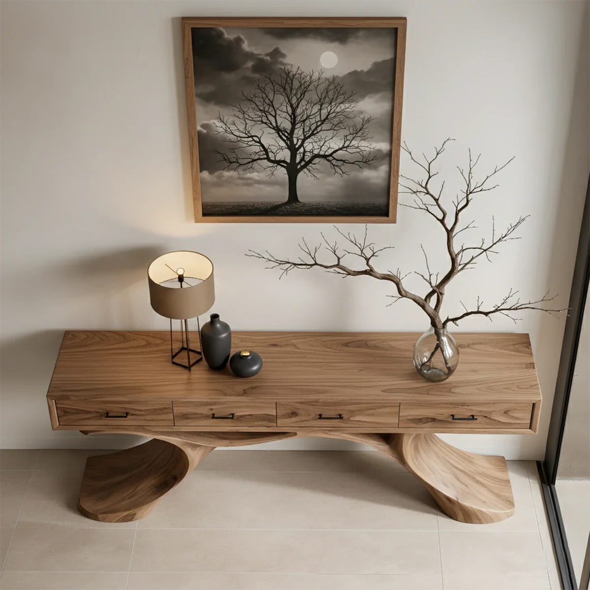 Sculptural Natural Wood Console Table with Drawers for Modern Entryways - ArborisWood - 5