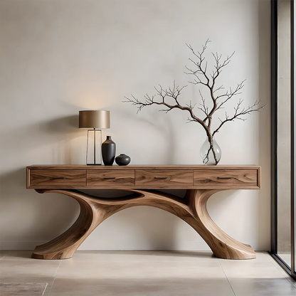 Sculptural Natural Wood Console Table with Drawers for Modern Entryways - ArborisWood