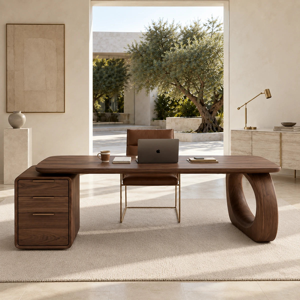 A modern writing desk with rounded edges and sculptural support for everyday office use