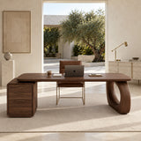 A modern writing desk with rounded edges and sculptural support for everyday office use