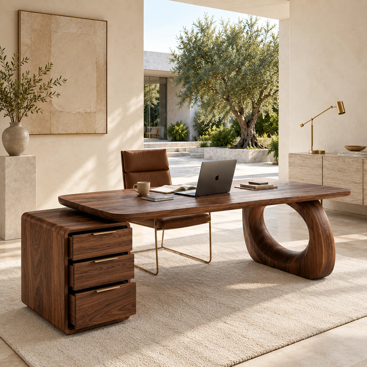 Home office desk with circular open leg detail and spacious top for daily productivity