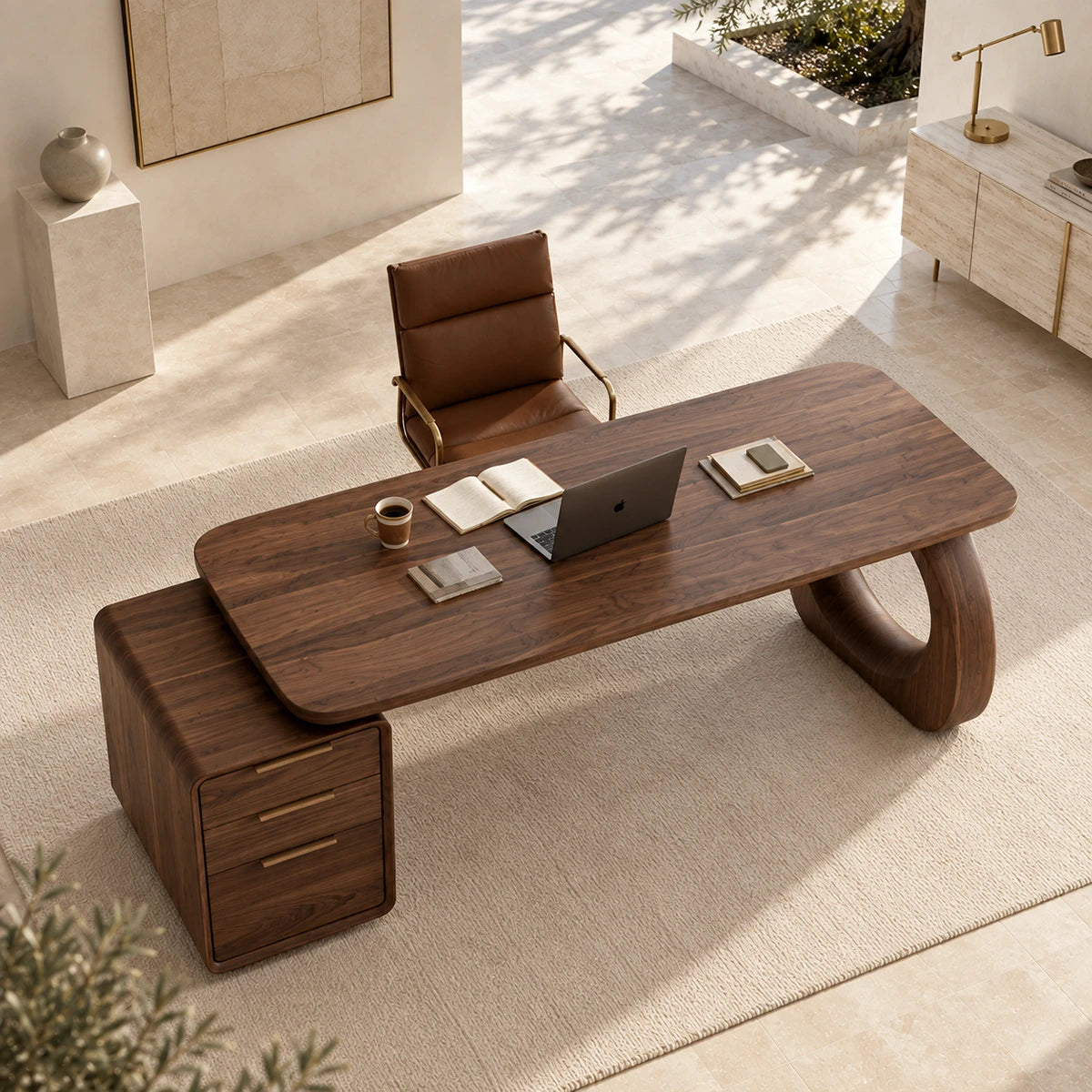 Designed for productivity, this study desk blends sculptural form with useful storage