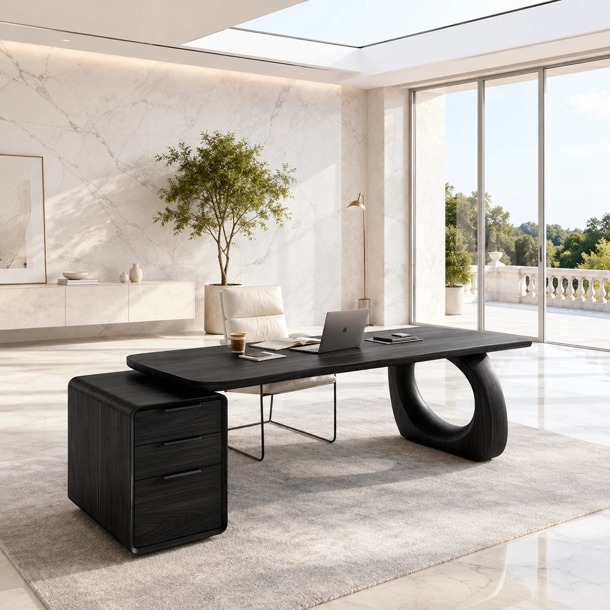 Large work desk with generous surface and built in drawers for organized home office use