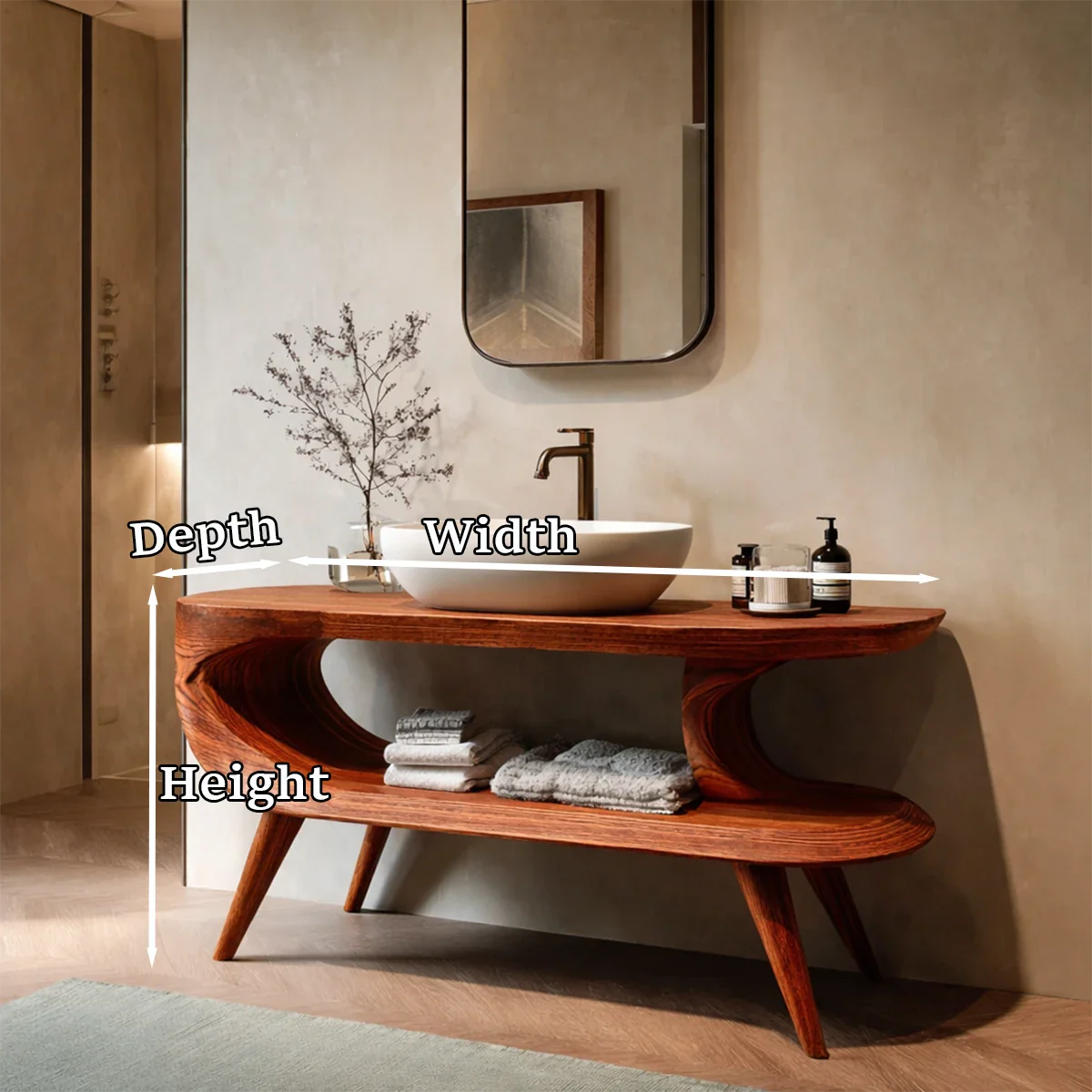 Sculptural Open Shelf Bathroom Vanity Natural Solid Wood Curved Frame - ArborisWood - 10