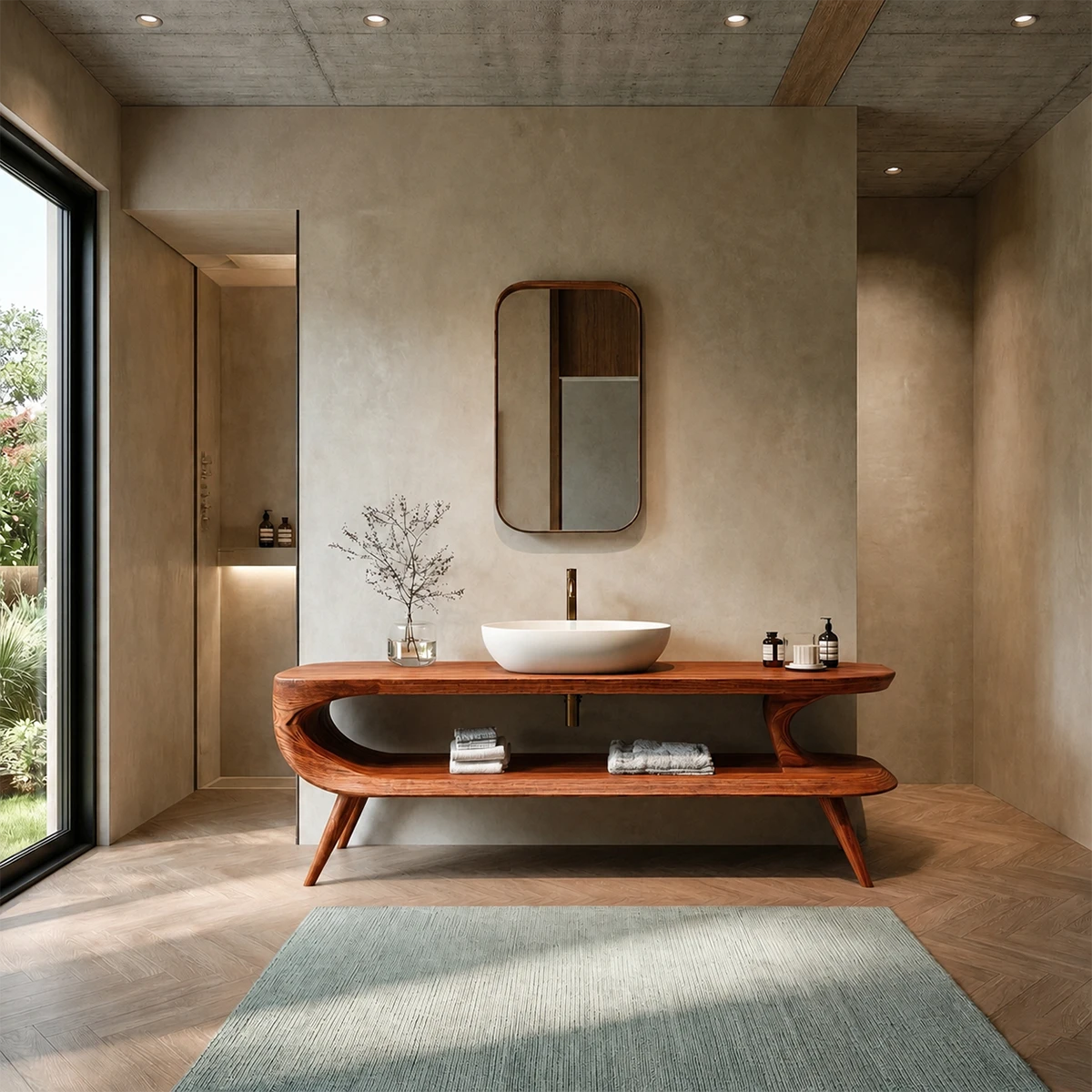 Sculptural Open Shelf Bathroom Vanity Natural Solid Wood Curved Frame - ArborisWood - 11