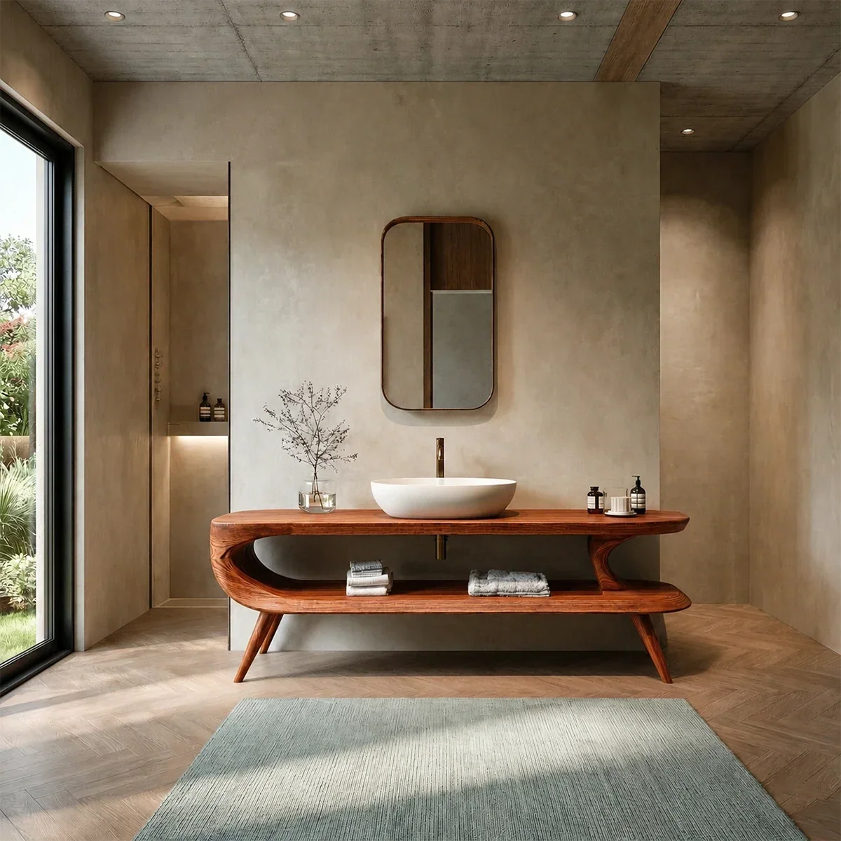 Sculptural Open Shelf Bathroom Vanity Natural Solid Wood Curved Frame - Arboriswood - 11