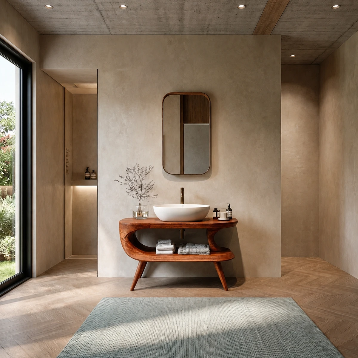 Sculptural Open Shelf Bathroom Vanity Natural Solid Wood Curved Frame - ArborisWood - 12