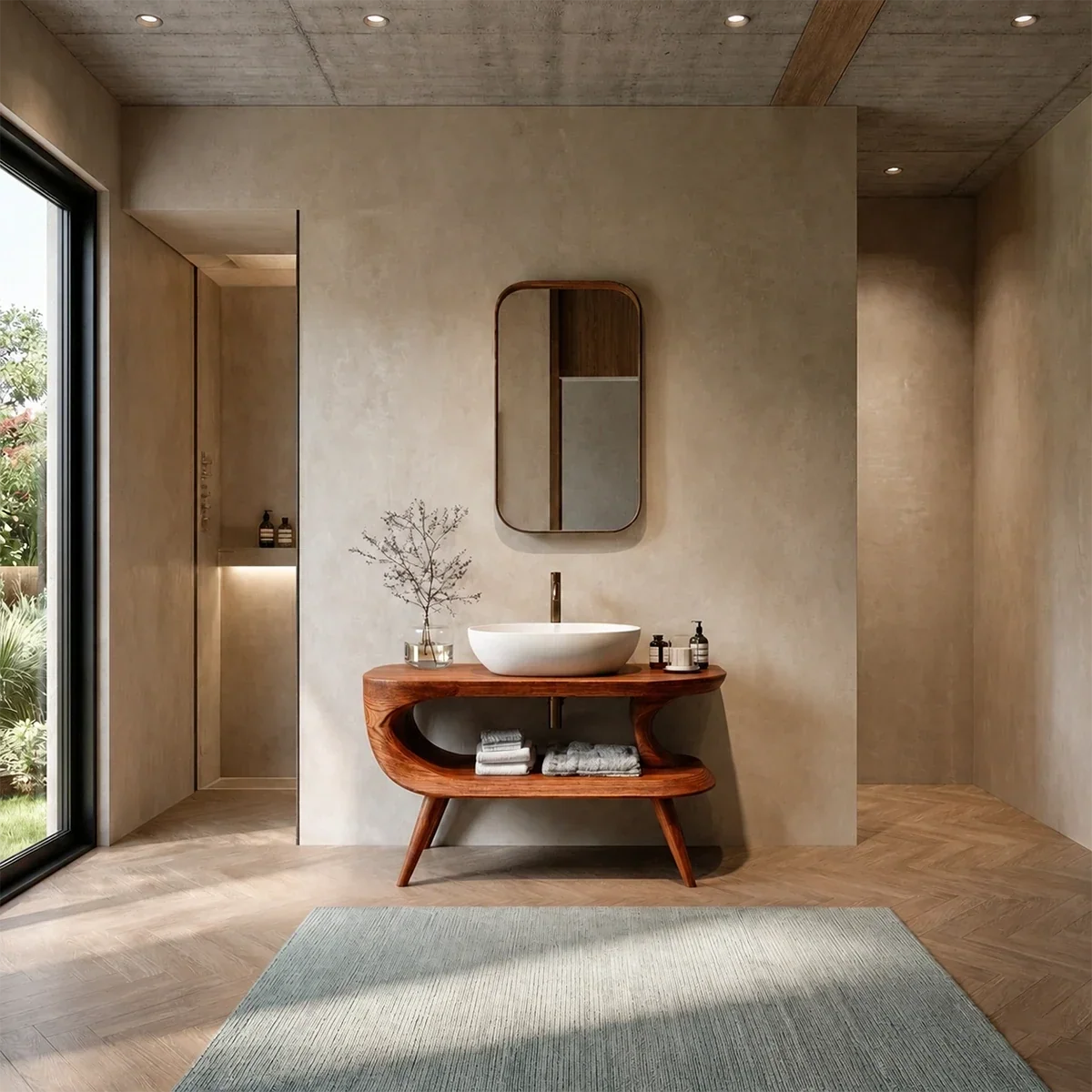 Sculptural Open Shelf Bathroom Vanity Natural Solid Wood Curved Frame - Arboriswood - 12