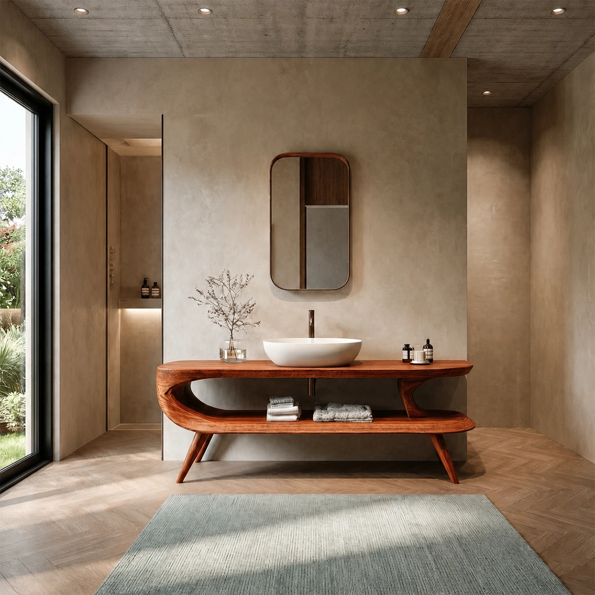 Sculptural Open Shelf Bathroom Vanity Natural Solid Wood Curved Frame - ArborisWood - 13