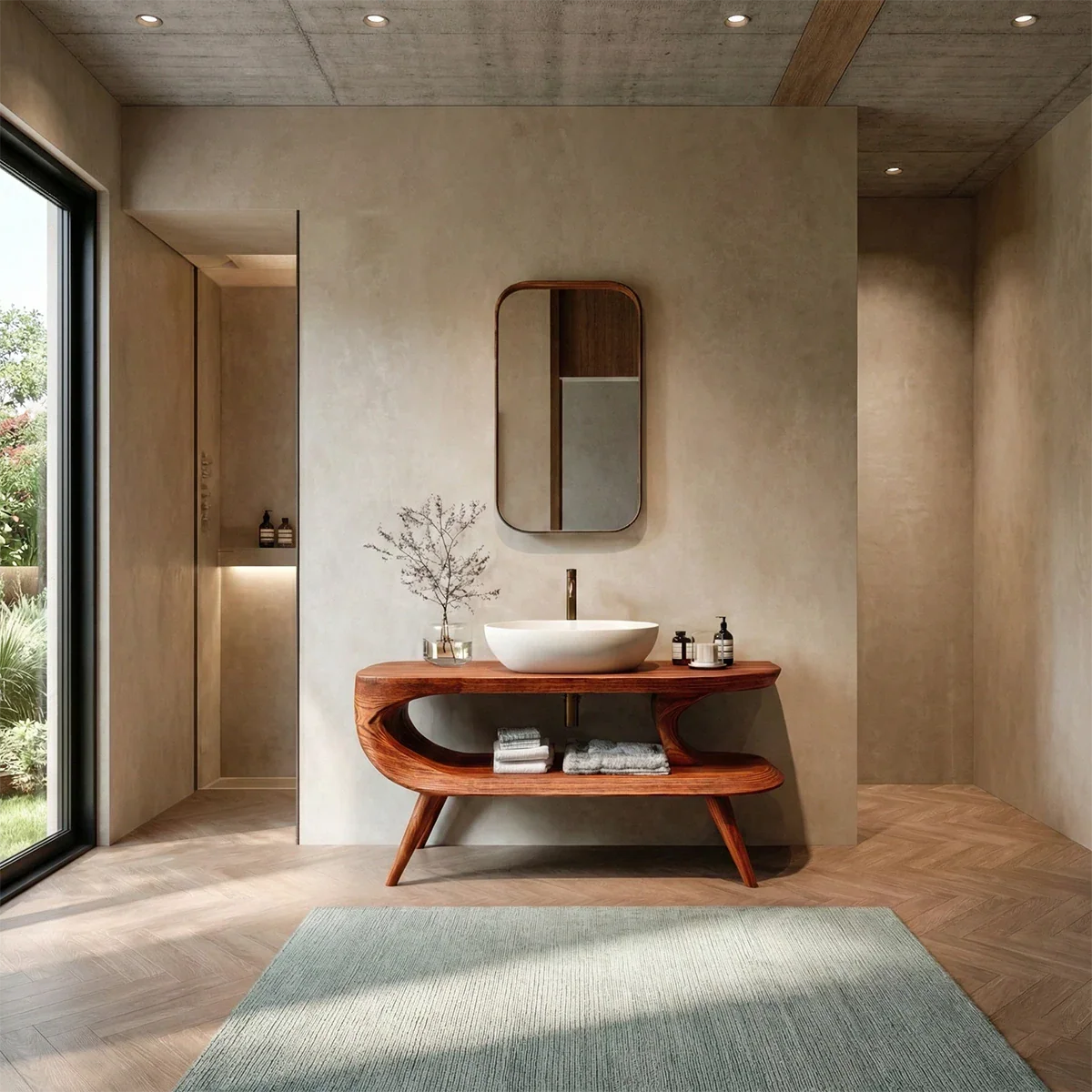 Sculptural Open Shelf Bathroom Vanity Natural Solid Wood Curved Frame - ArborisWood - 2