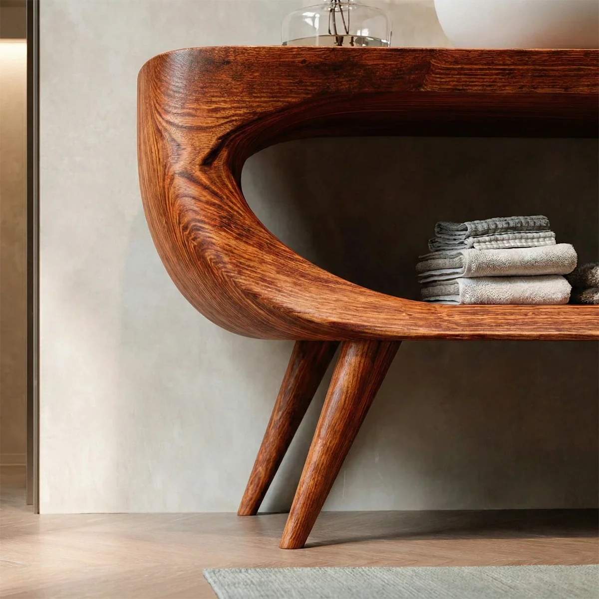 Sculptural Open Shelf Bathroom Vanity Natural Solid Wood Curved Frame - ArborisWood - 3