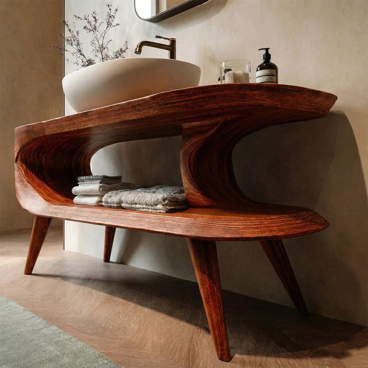 Sculptural Open Shelf Bathroom Vanity Natural Solid Wood Curved Frame - ArborisWood - 4