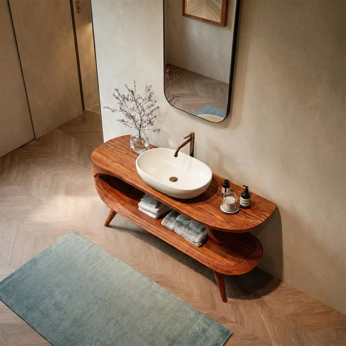 Sculptural Open Shelf Bathroom Vanity Natural Solid Wood Curved Frame - ArborisWood - 5