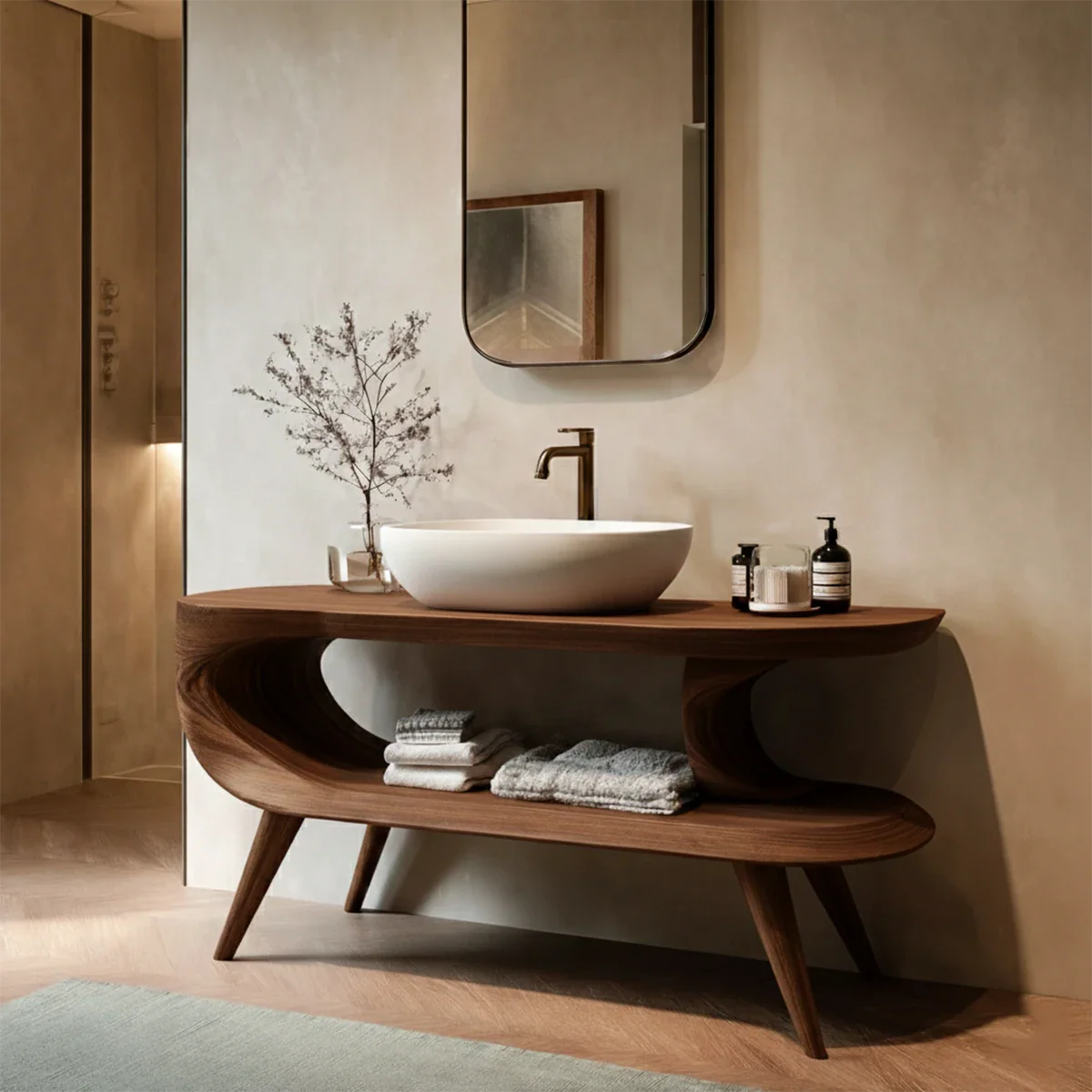 Sculptural Open Shelf Bathroom Vanity Natural Solid Wood Curved Frame - ArborisWood - 6