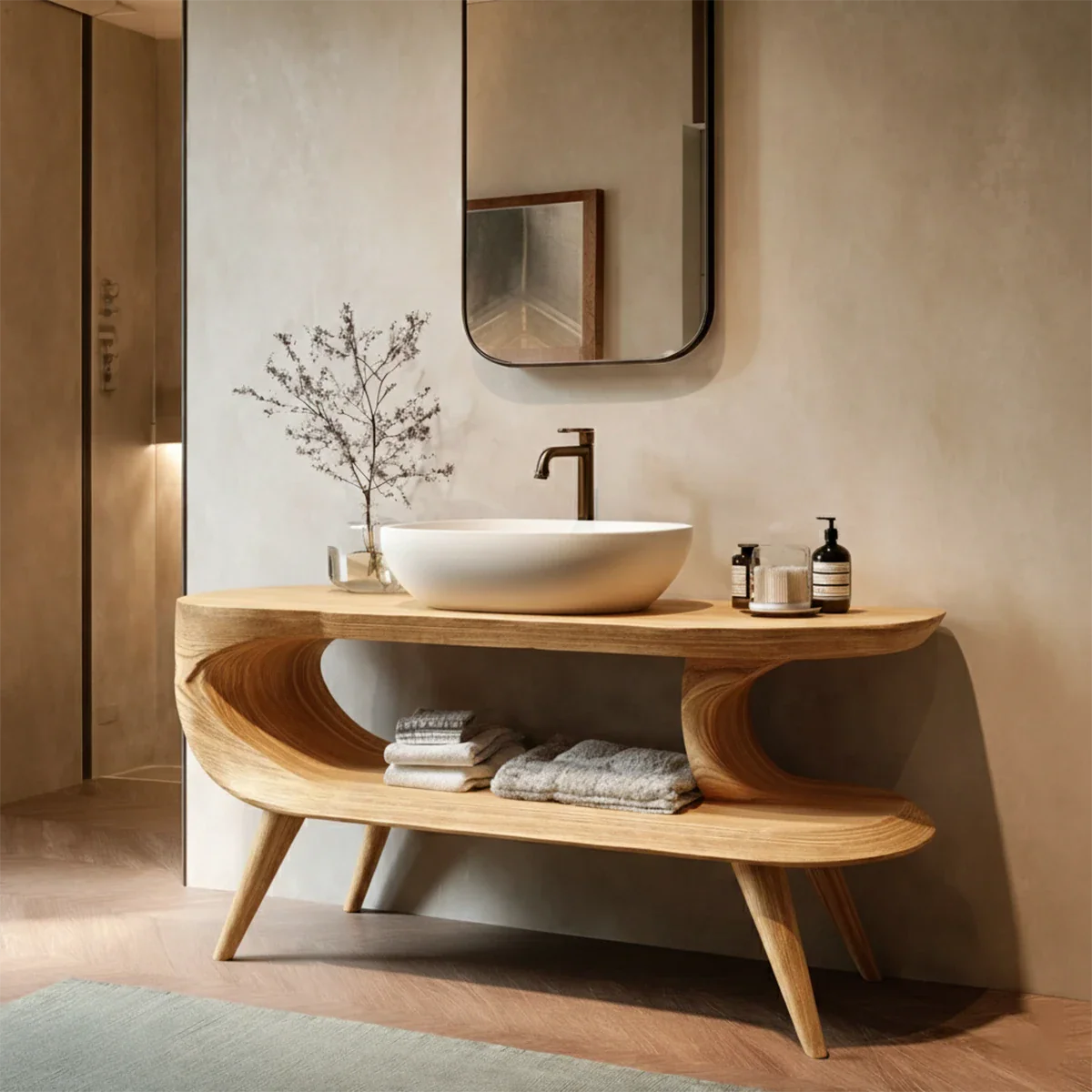 Sculptural Open Shelf Bathroom Vanity Natural Solid Wood Curved Frame - ArborisWood - 7