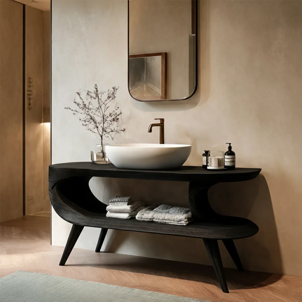 Sculptural Open Shelf Bathroom Vanity Natural Solid Wood Curved Frame - ArborisWood - 8
