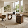 Executive desk with sculptural open support and drawer pedestal in a refined home office
