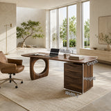 Contemporary desk balances sculptural detailing and practical storage in an airy room