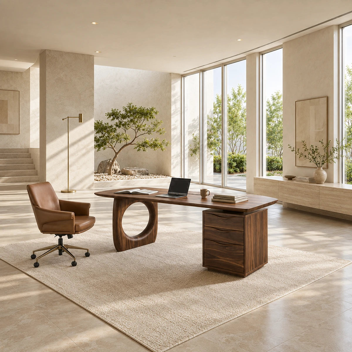 Built for focused work, this desk pairs broad legroom with practical drawer storage