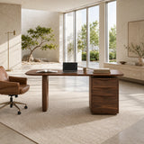 A modern writing desk with rounded top edges and integrated storage for daily tasks