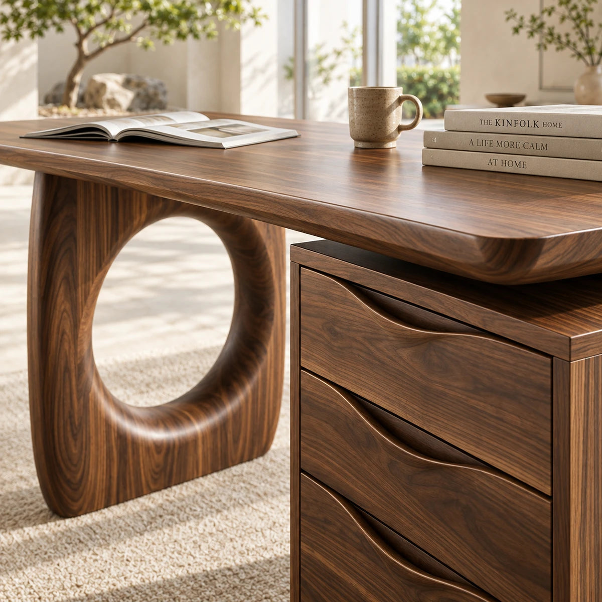 Featuring three drawers, this computer desk keeps essentials organized in a calm room