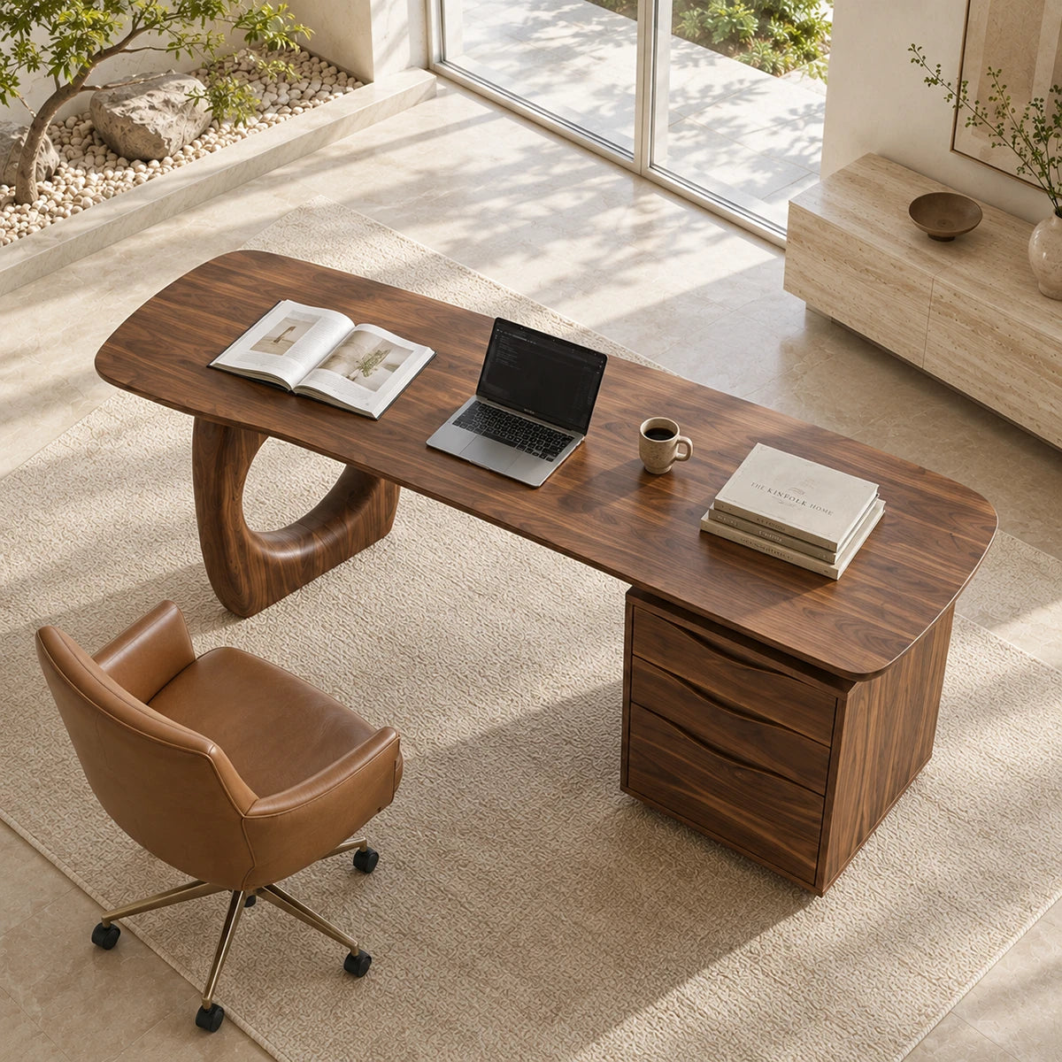 Designed for productivity, this study desk blends sculptural form with useful storage