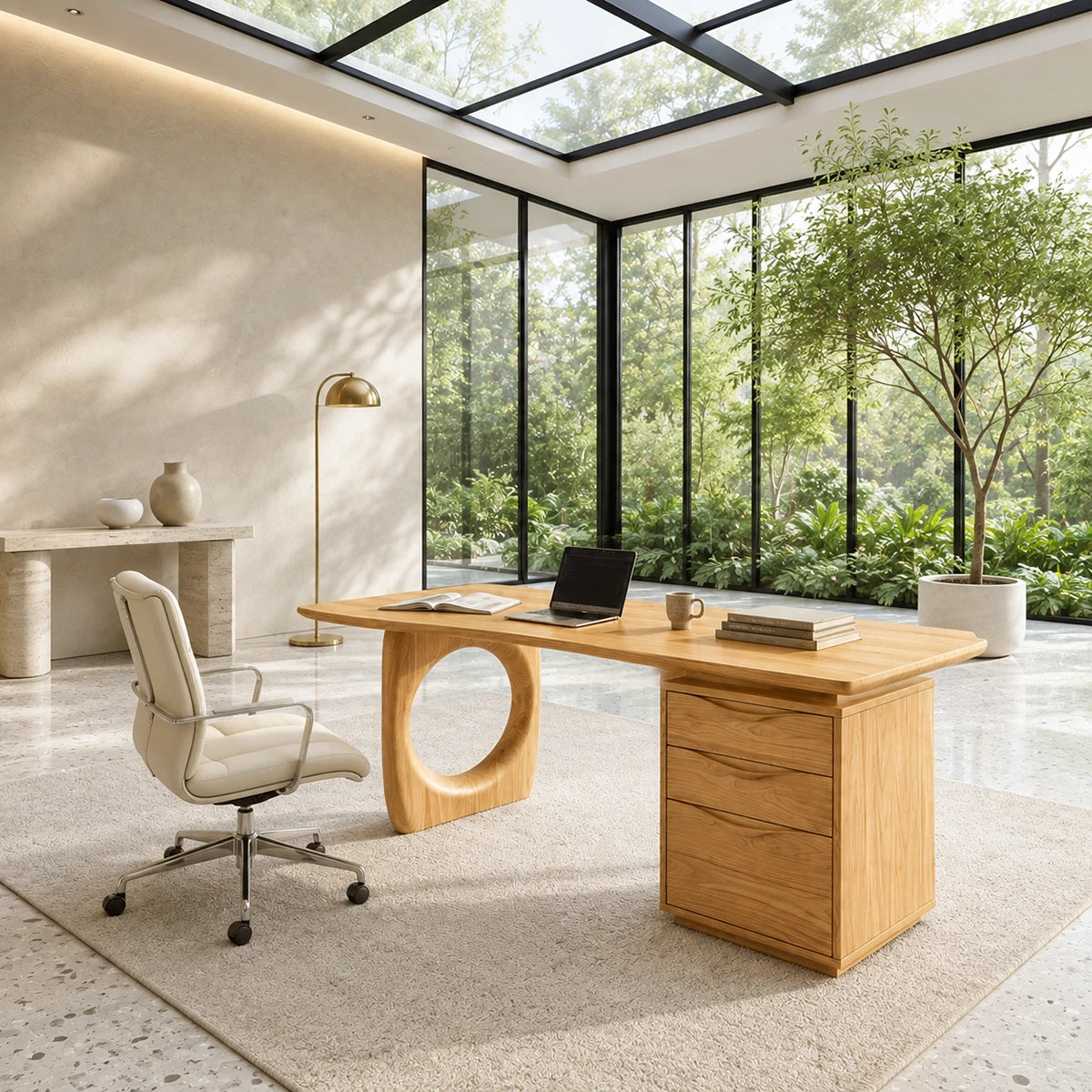 With an artistic open support, this desk brings visual interest to a bright workspace