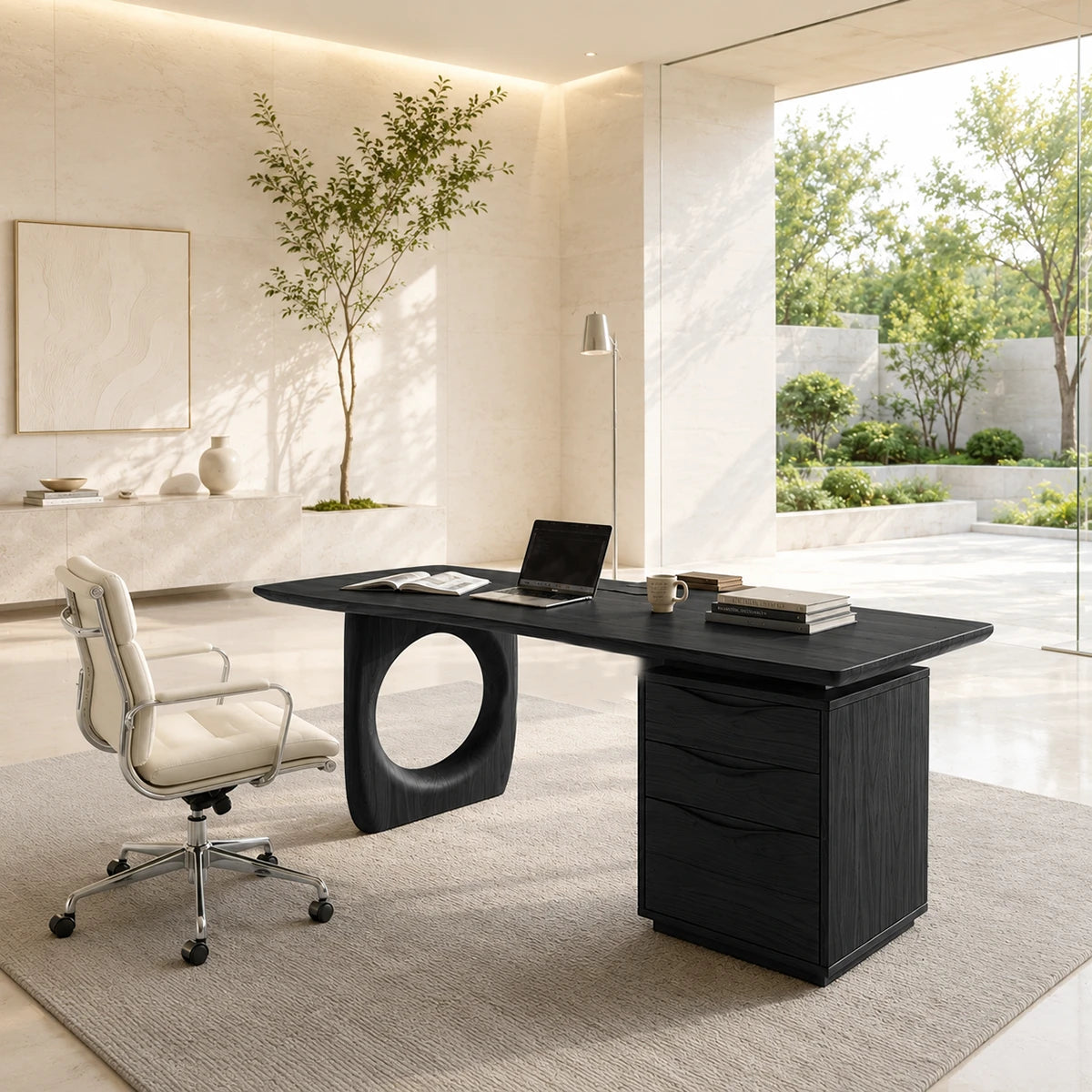Large work desk with generous surface and built in drawers for organized home office use
