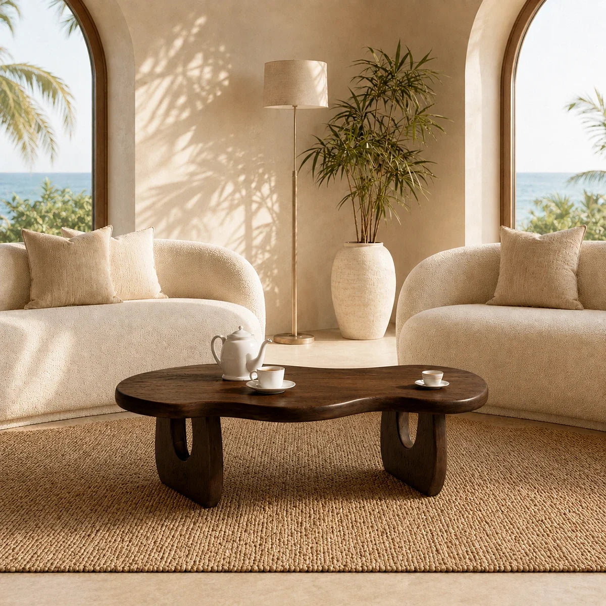 Curved coffee table with sculpted base and dark wood tone finish for modern homes