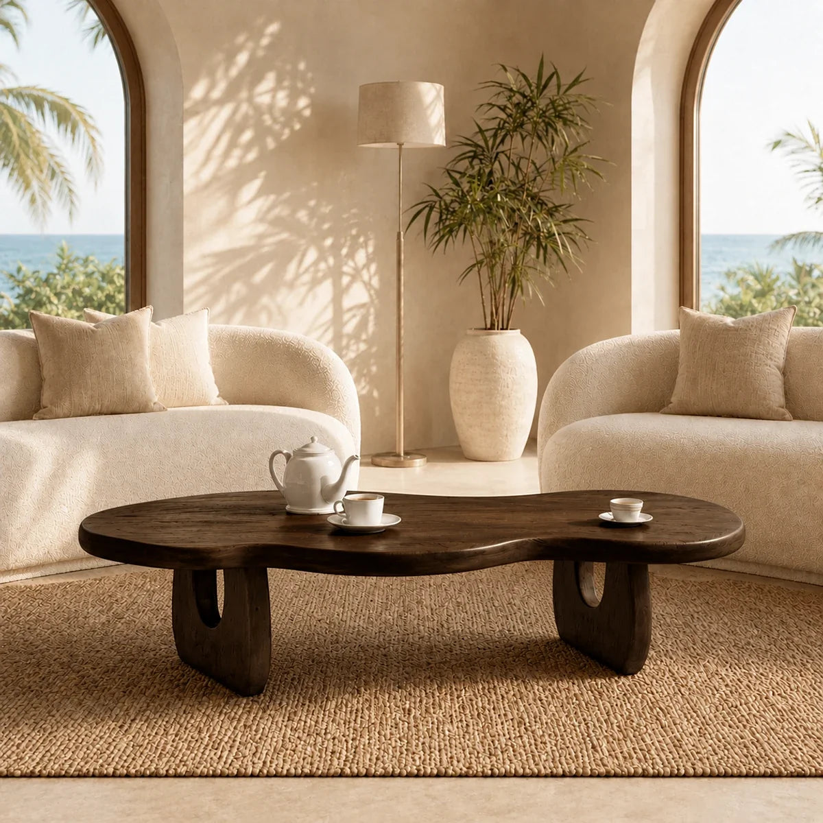Refined accent coffee table with a long top and dark wood tone finish for home spaces