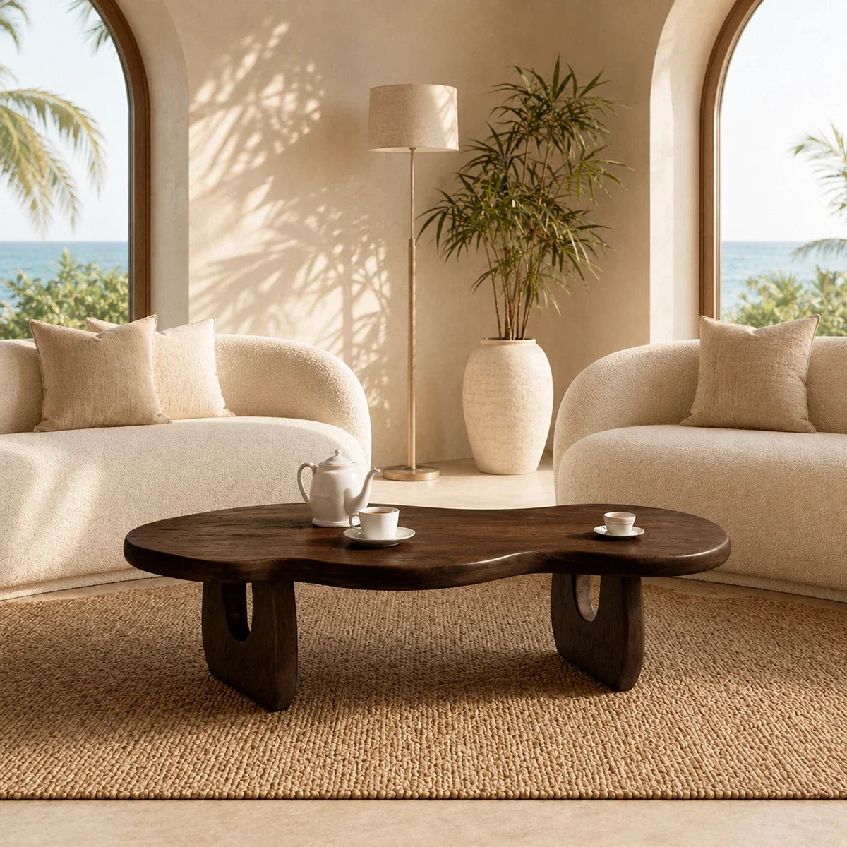Organic shape coffee table with dark wood tone finish and rounded top for lounging