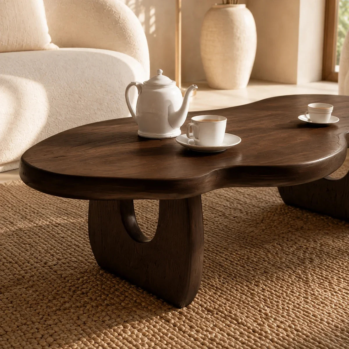 Low living room coffee table in a warm dark wood tone finish with soft curves design