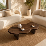 Contemporary center table with organic silhouette and dark wood tone finish detail