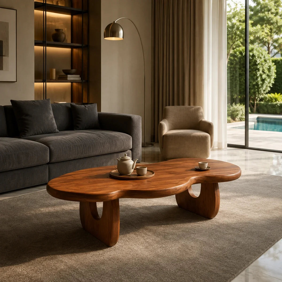 Designer coffee table featuring a broad top and dark wood tone finish in sunlight