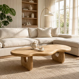Minimalist cocktail table with curved pedestal legs and a deep wood tone finish