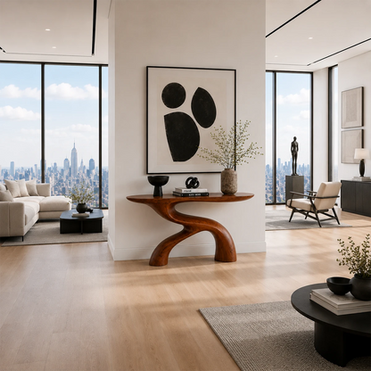 Modern entryway furniture with fluid organic curves and sculptural visual impact