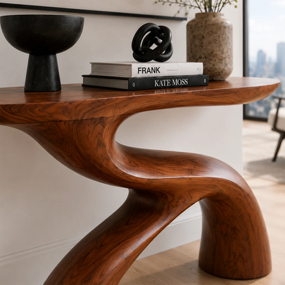 Contemporary accent table with dramatic curved form and refined natural grain patterns