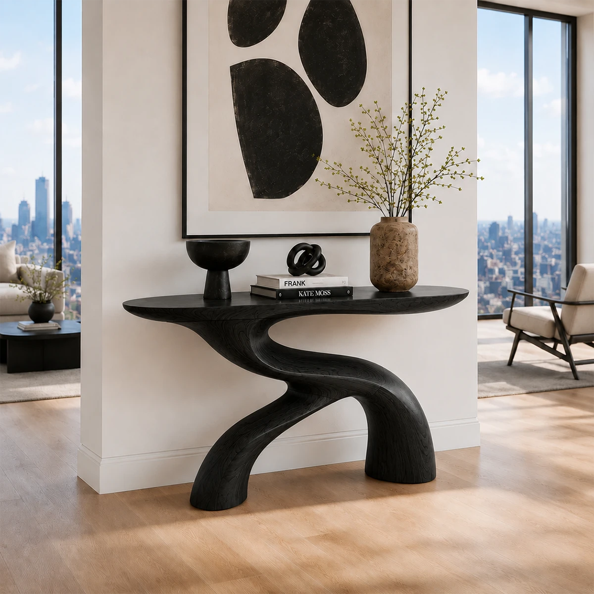 Designer entry table featuring a flowing pedestal structure and sculptural elegance