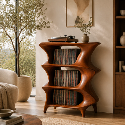 Sculptural record player stand with vertical vinyl storage and organic modern form