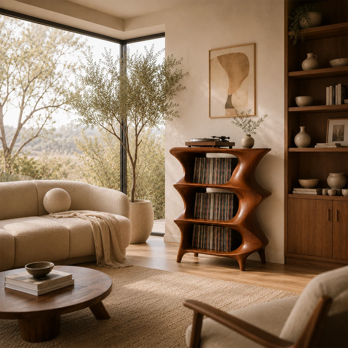 Modern turntable stand featuring integrated LP storage and flowing curved design