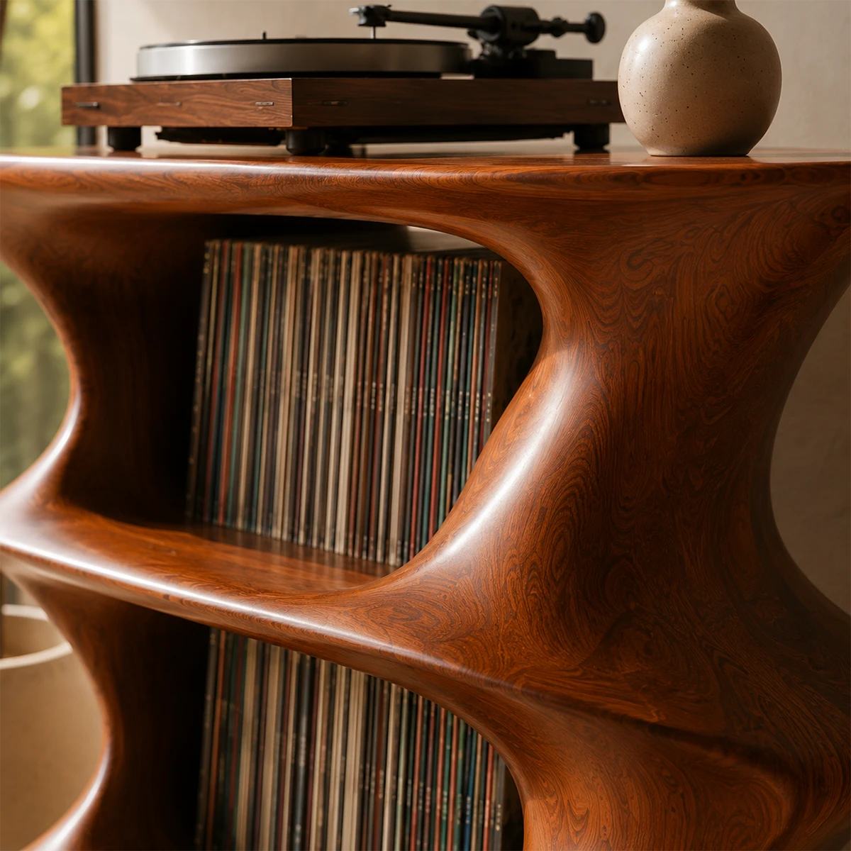 Designer record player furniture with sculpted contours and album organization
