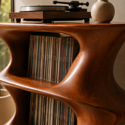 Designer record player furniture with sculpted contours and album organization