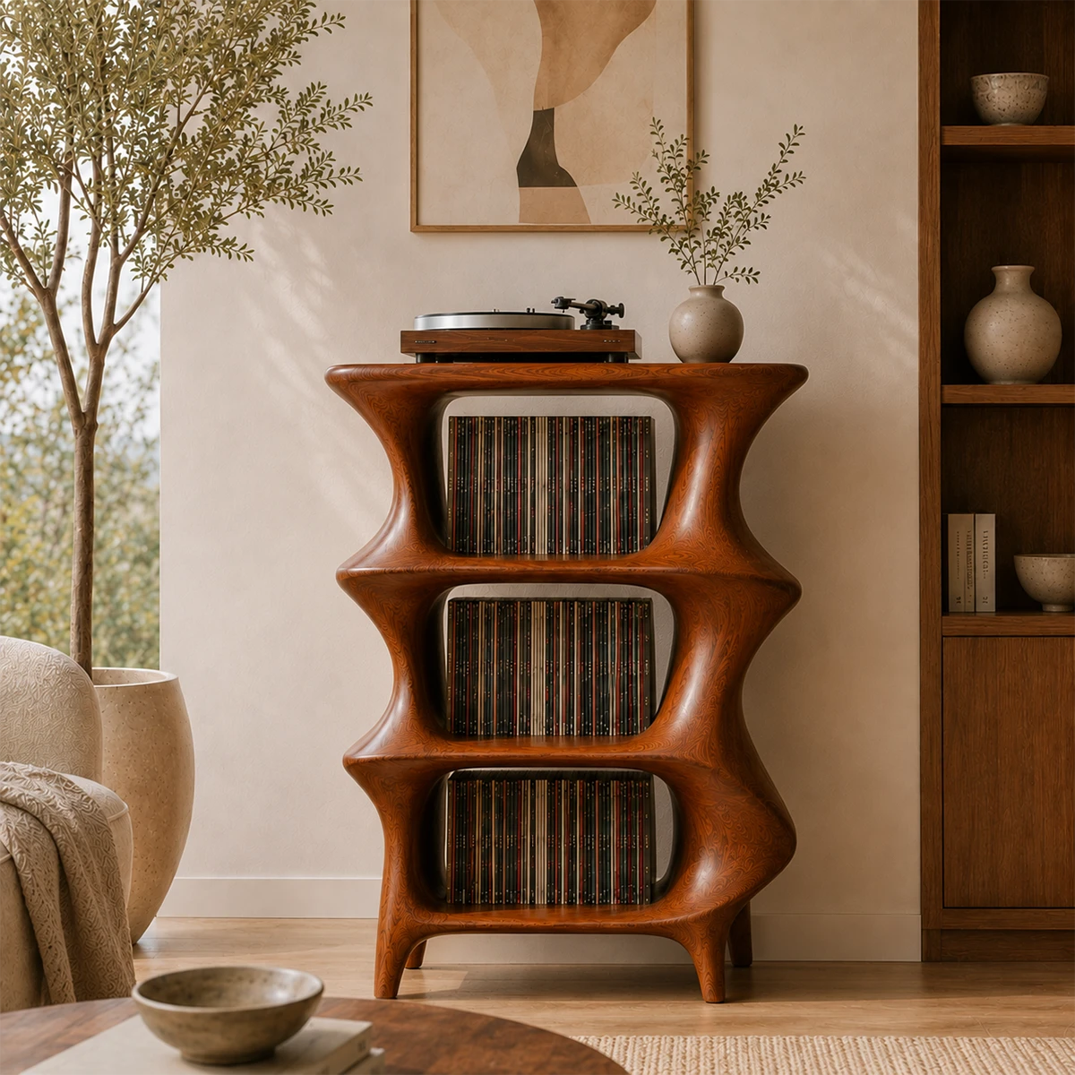 Sculpted record player storage unit with open shelving and organic character